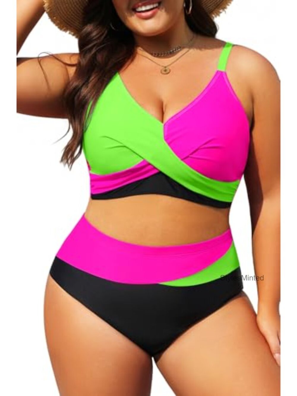 Plus Size High Waisted Two Piece Swimsuit Color Block Bikini Set